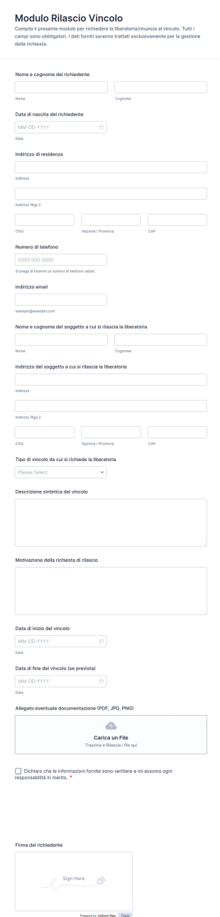 Modulo Di Liberatoria Per Vincolo