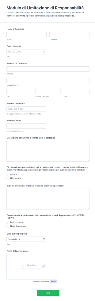 Modulo Di Limitazione Di Responsabilità