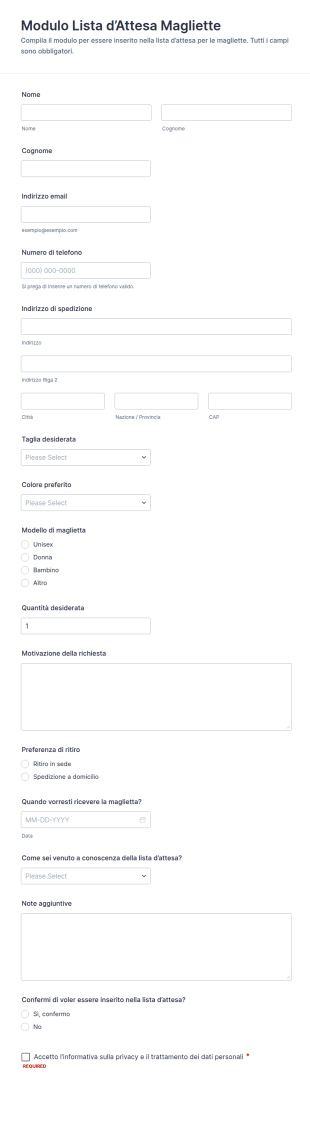 Modulo Di Lista D’Attesa Per Magliette