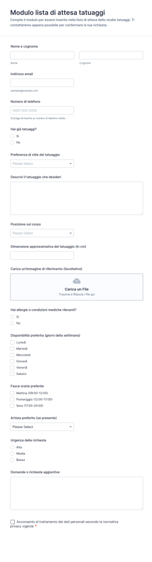 Modulo Di Lista D’Attesa Per Tatuaggi