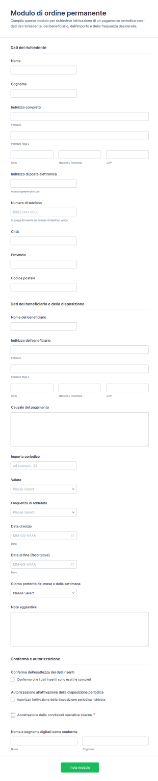 Modulo Di Mandato Di Ordine Permanente