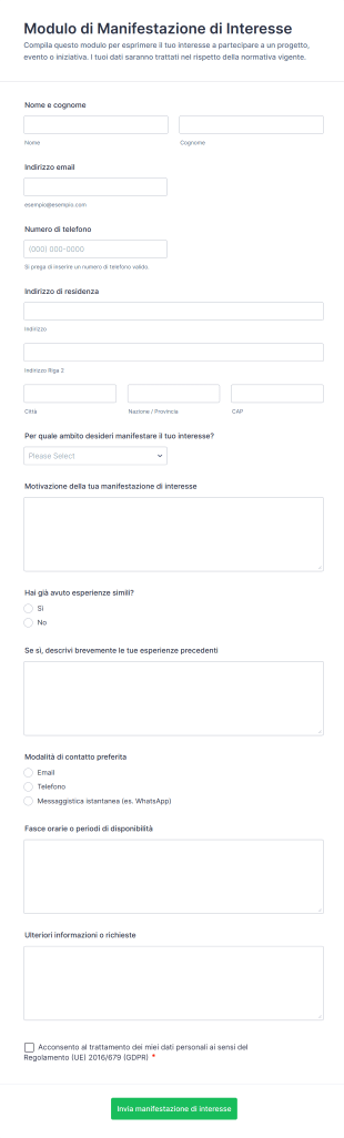 Modulo Di Manifestazione Di Interesse | Jotform