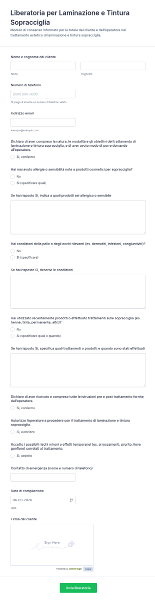 Modulo Di Manleva Laminazione E Tinta Delle Sopracciglia