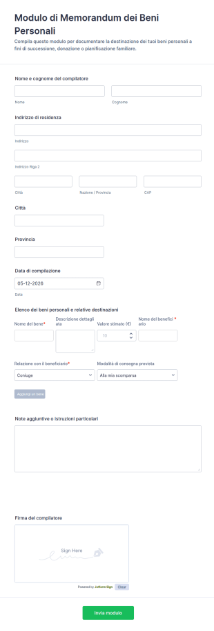 Modulo Di Memorandum Dei Beni Personali