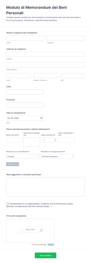 Modulo Di Memorandum Dei Beni Personali