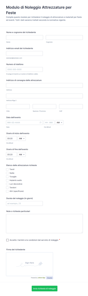 Modulo Di Noleggio Attrezzature Per Feste