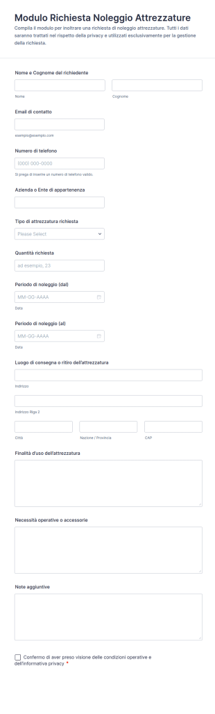 Modulo Di Noleggio Attrezzature
