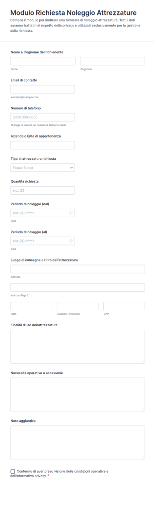 Modulo Di Noleggio Attrezzature