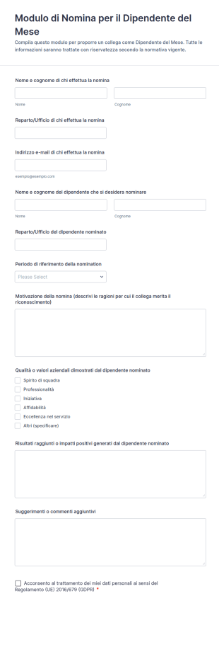 Modulo Di Nomina Per Il Dipendente Del Mese