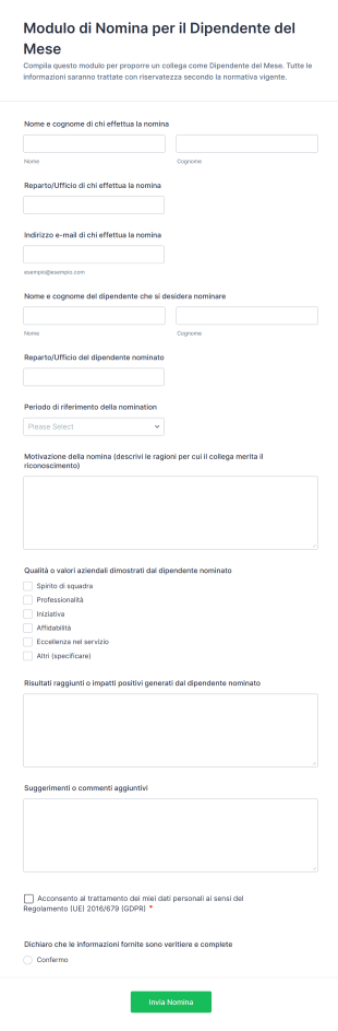 Modulo Di Nomina Per Il Dipendente Del Mese