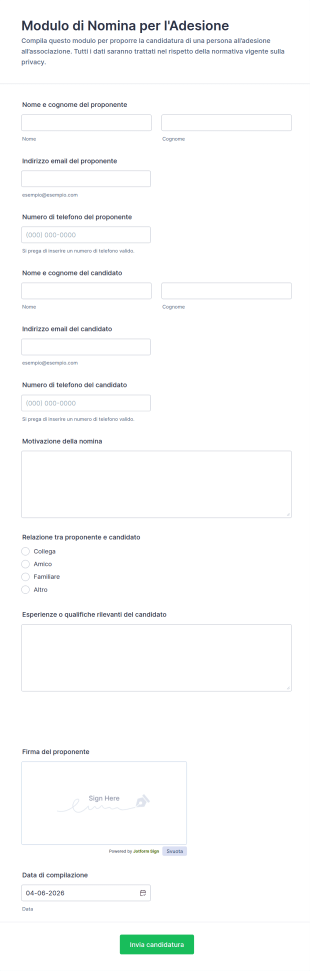 Modulo Di Nomina Per L'Adesione