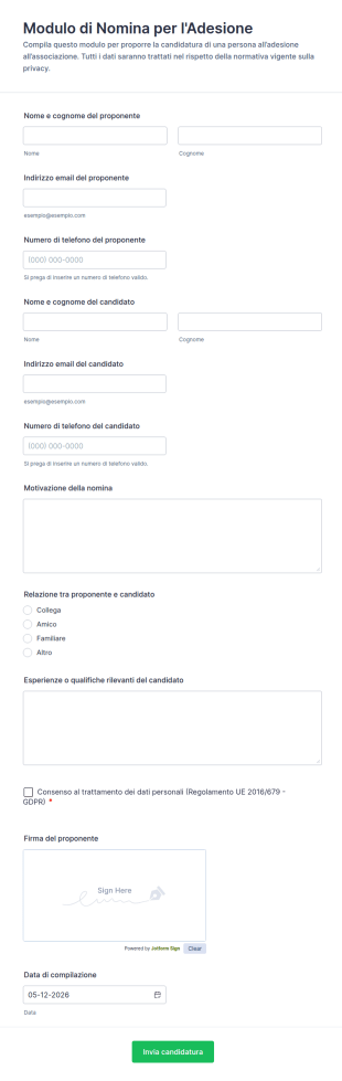 Modulo Di Nomina Per L'Adesione