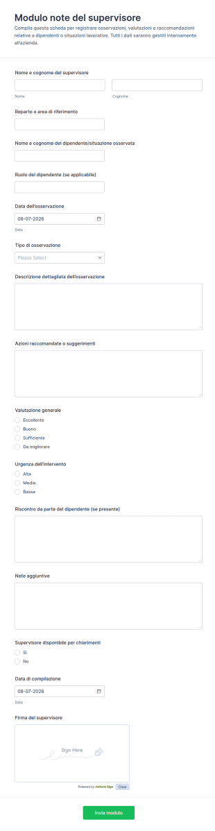 Modulo Di Nota Del Supervisore