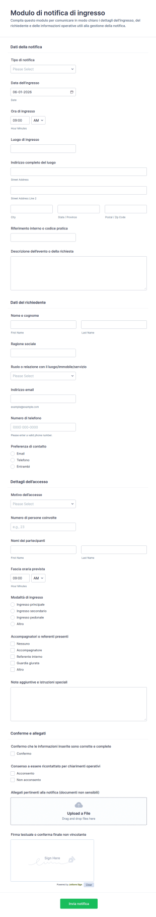 Modulo Di Notifica Di Ingresso