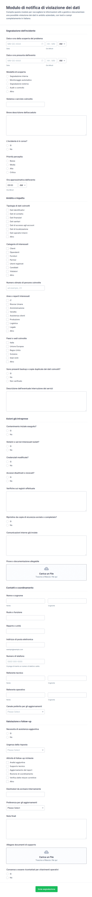 Modulo Di Notifica Violazione Dei Dati Form