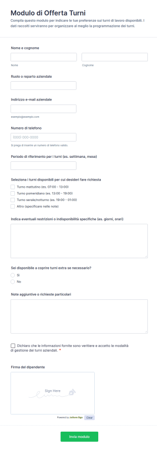 Modulo Di Offerta Turni