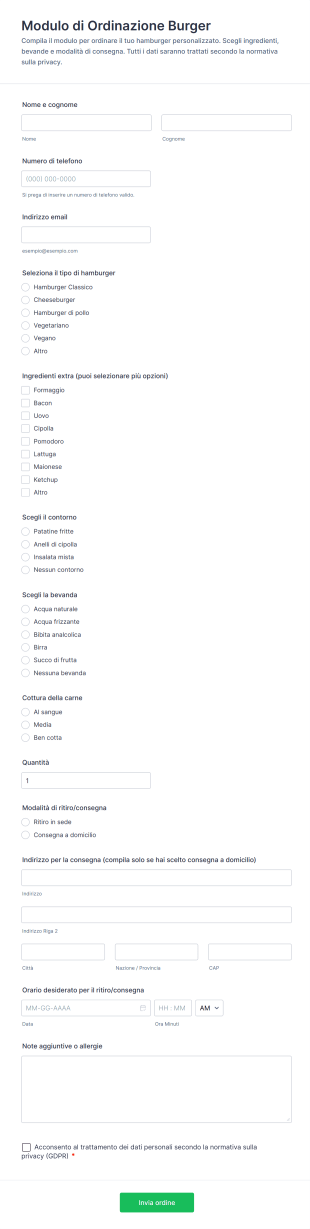 Modulo Di Ordinazione Burger