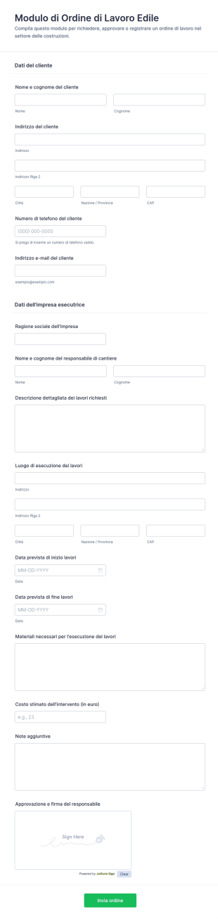 Modulo Di Ordine Di Lavoro Edile