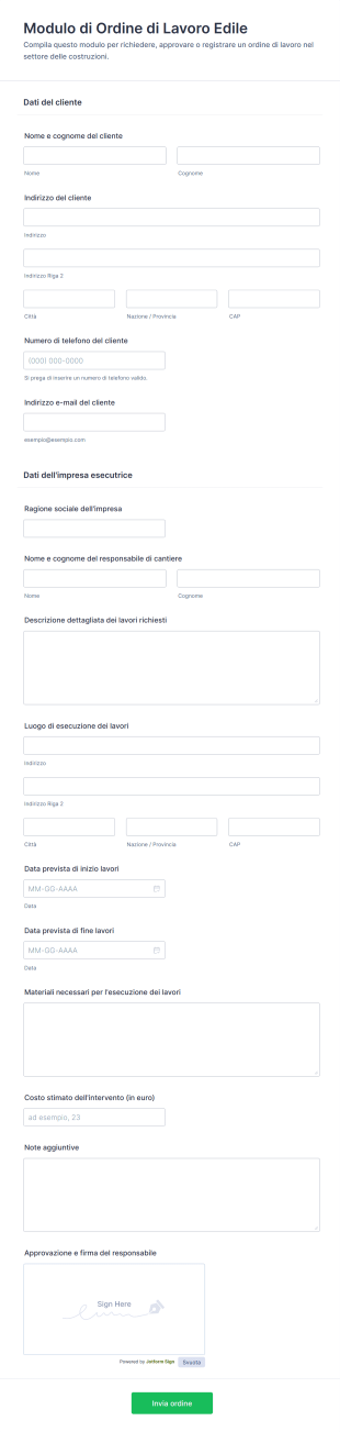 Modulo Di Ordine Di Lavoro Edile