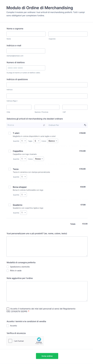 Modulo Di Ordine Di Merchandising