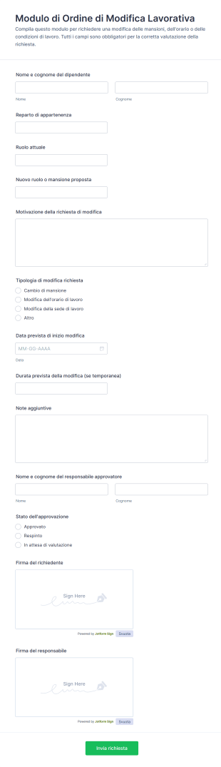 Modulo Di Ordine Di Modifica Lavorativa