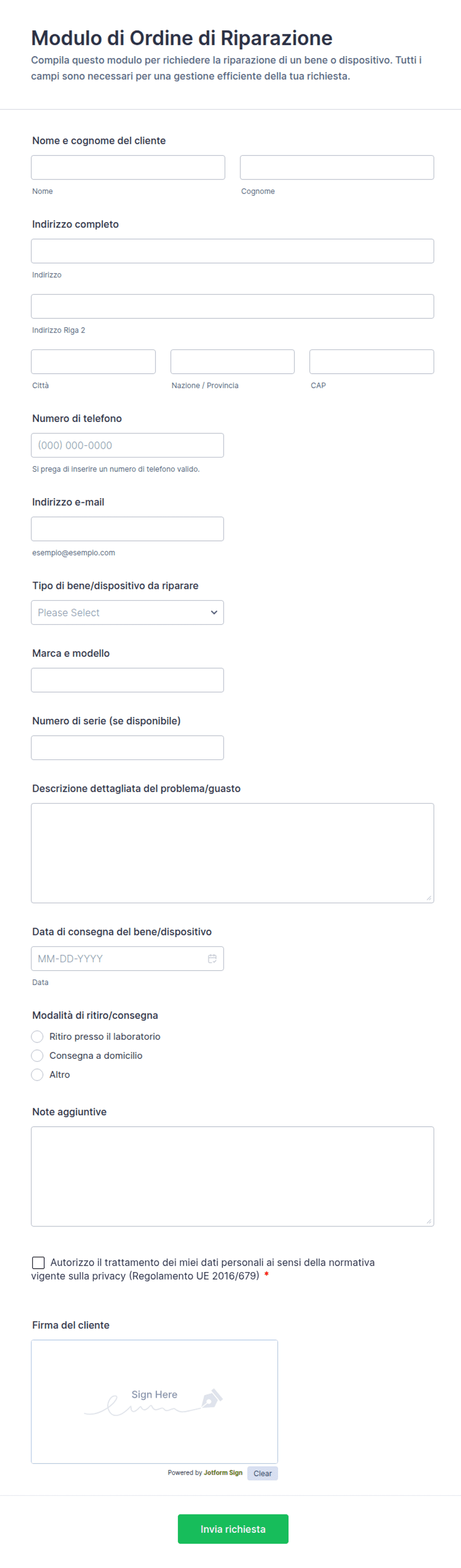 Modulo di Ordine di Riparazione | Jotform