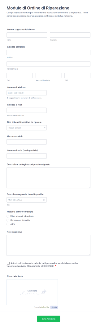 Modulo Di Ordine Di Riparazione