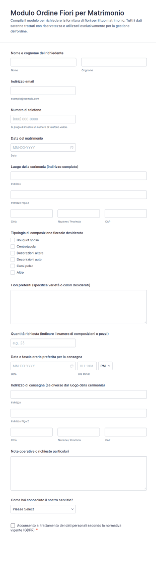 Modulo Di Ordine Fiori Per Matrimoni