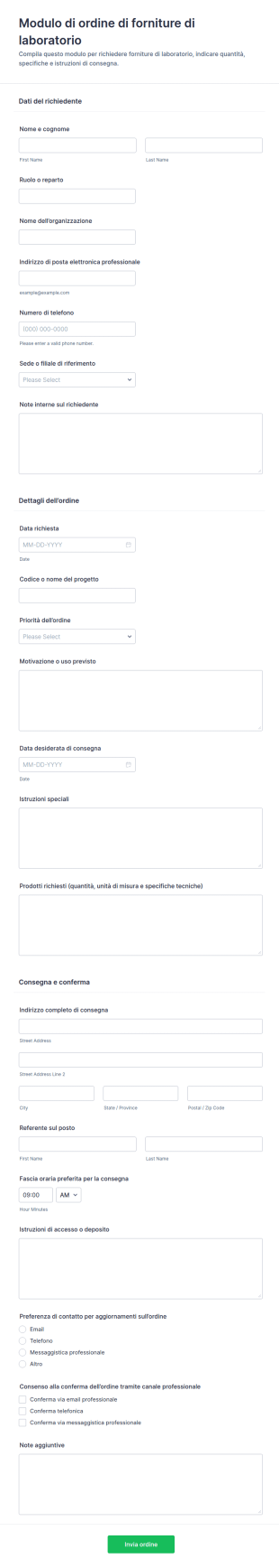Modulo Di Ordine Forniture Di Laboratorio