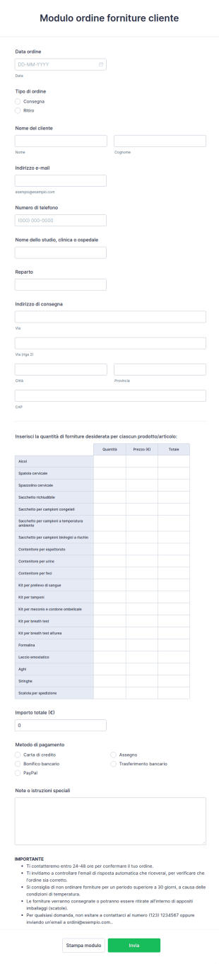 Modulo Di Ordine Forniture Per Clienti