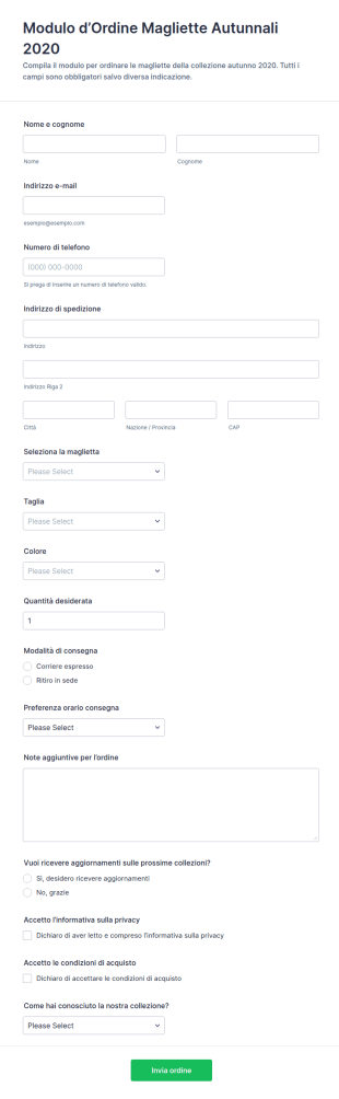 Modulo Di Ordine Magliette Autunno 2020
