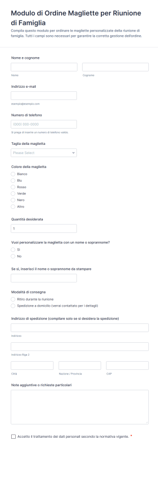 Modulo Di Ordine Magliette Per Riunione Di Famiglia