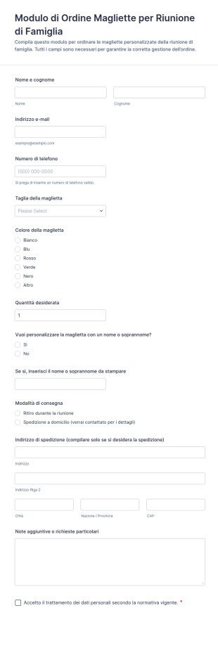 Modulo Di Ordine Magliette Per Riunione Di Famiglia
