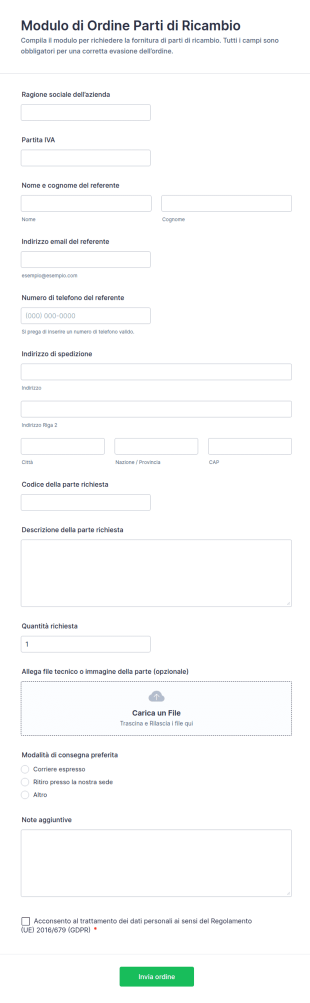 Modulo Di Ordine Parti Di Servizio