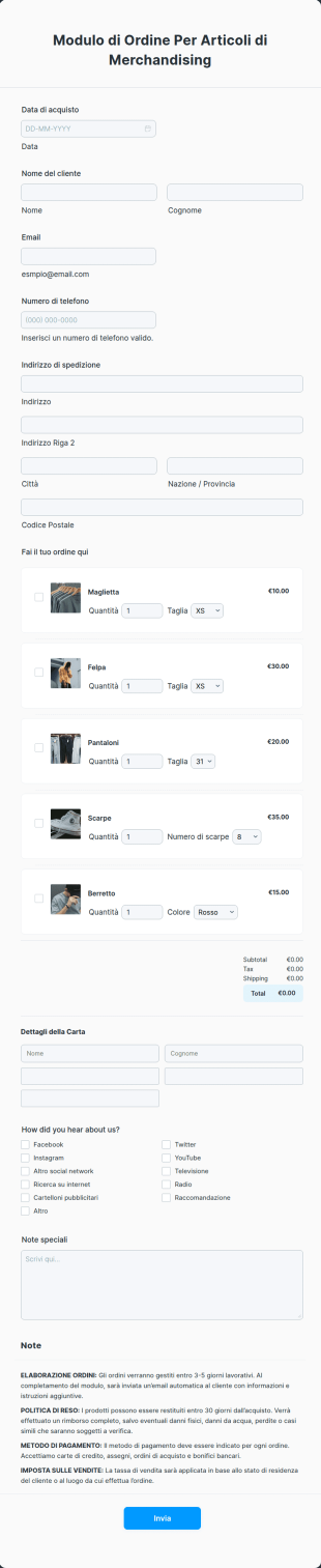 Modulo Di Ordine Per Articoli Di Merchandising