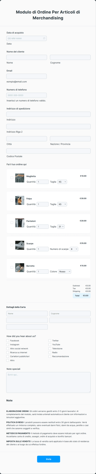 Modulo Di Ordine Per Articoli Di Merchandising