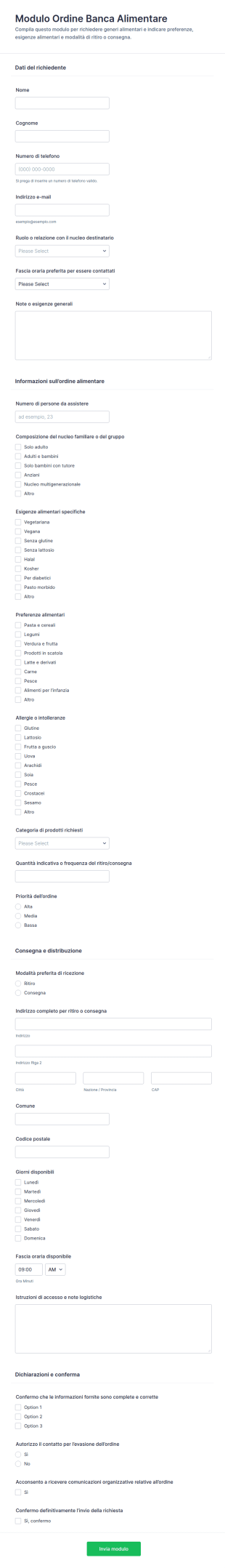 Modulo Di Ordine Per Banco Alimentare