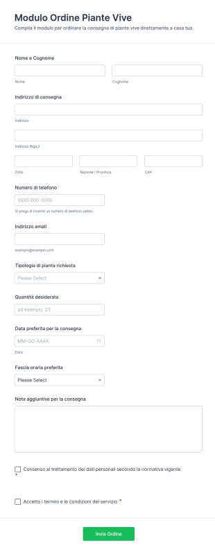 Modulo Di Ordine Per Consegna Di Pianta Vivente
