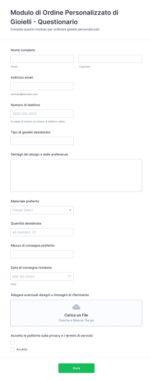 Modulo Di Ordine Personalizzato Di Gioielli Questionario