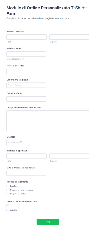 Modulo Di Ordine Personalizzato T Shirt Form