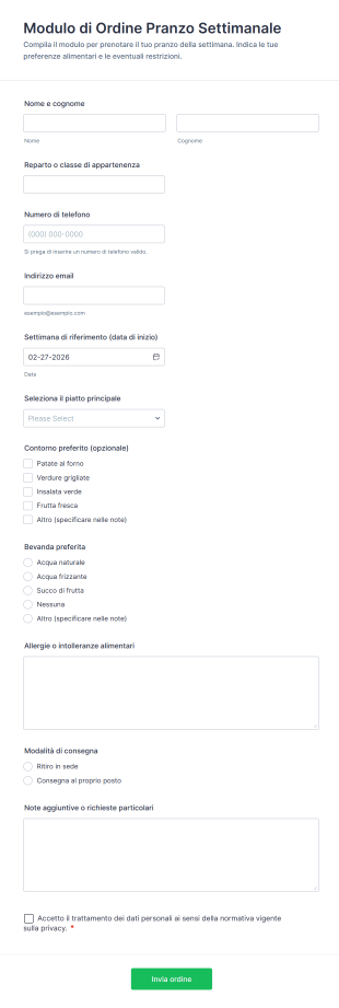 Modulo Di Ordine Pranzo Settimanale