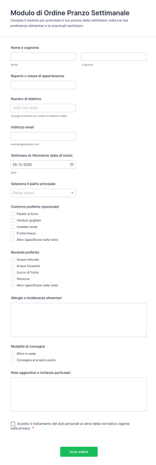 Modulo Di Ordine Pranzo Settimanale