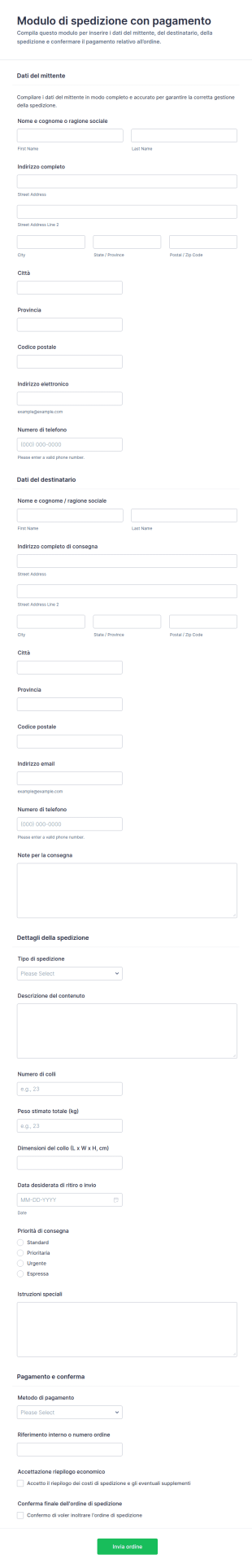 Modulo Di Ordine Spedizione Pagamento
