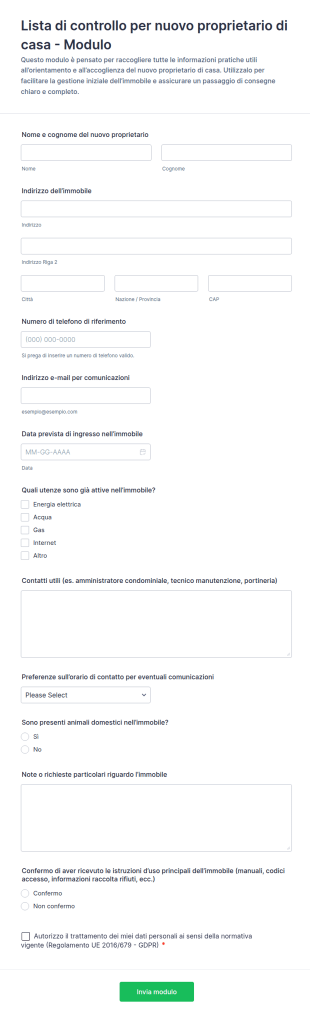 Modulo Di Orientamento Per Nuovi Proprietari 🏡