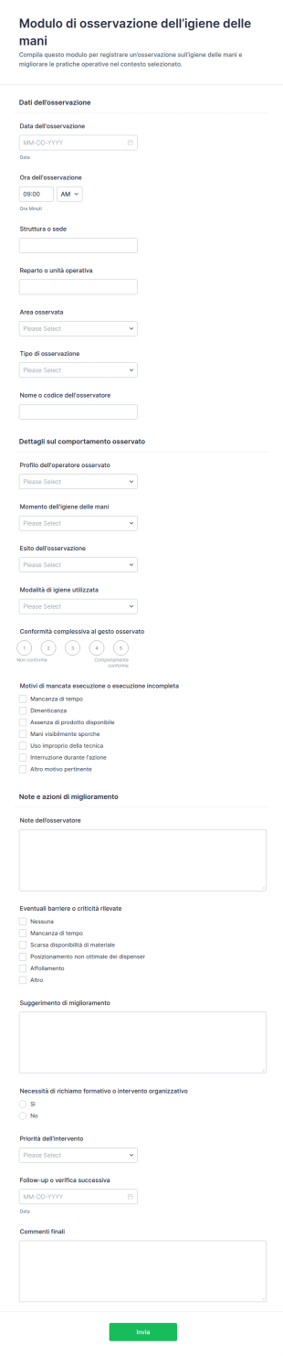 Modulo Di Osservazione Sull'Igiene Delle Mani