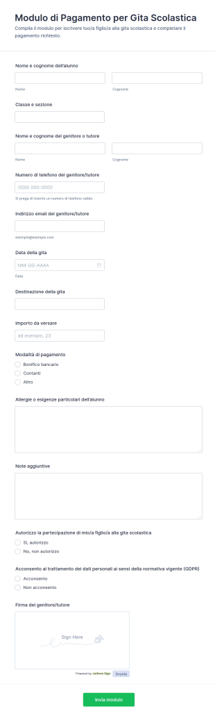 Modulo Di Pagamento Per Escursione