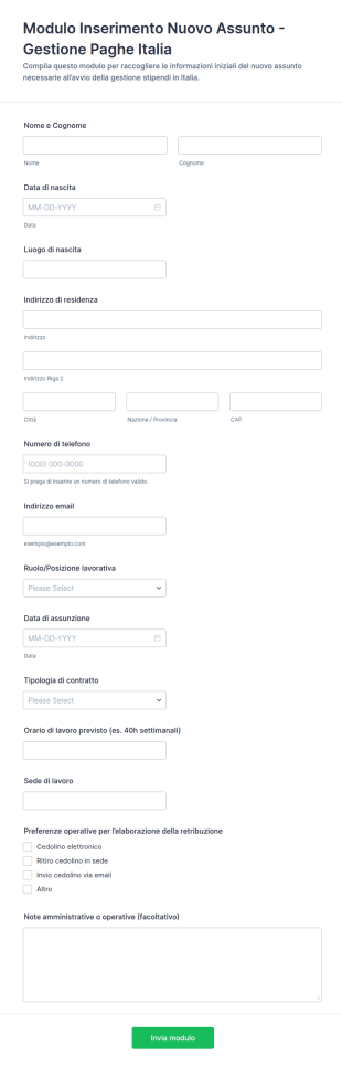 Modulo Di Pagamento Per Nuovo Assunto