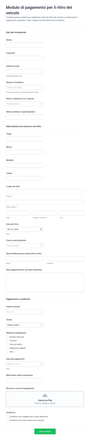 Modulo Di Pagamento Per Ritiro Del Veicolo