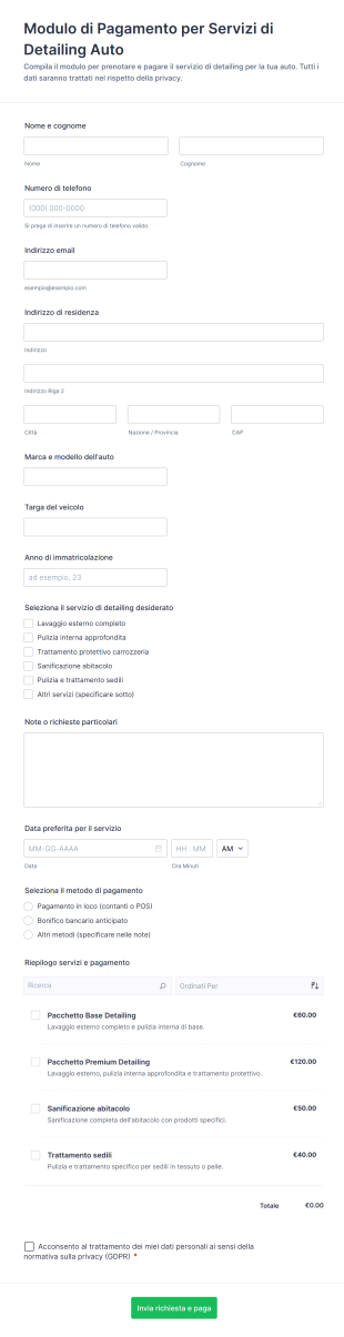 Modulo Di Pagamento Per Servizi Di Detailing Auto