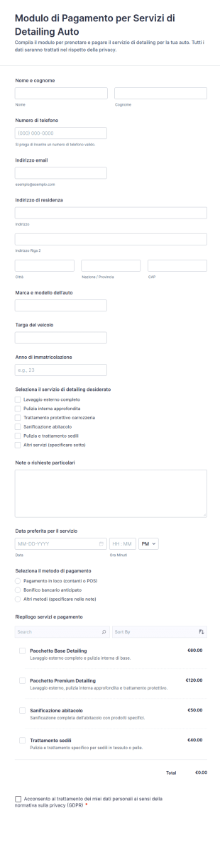 Modulo Di Pagamento Per Servizi Di Detailing Auto